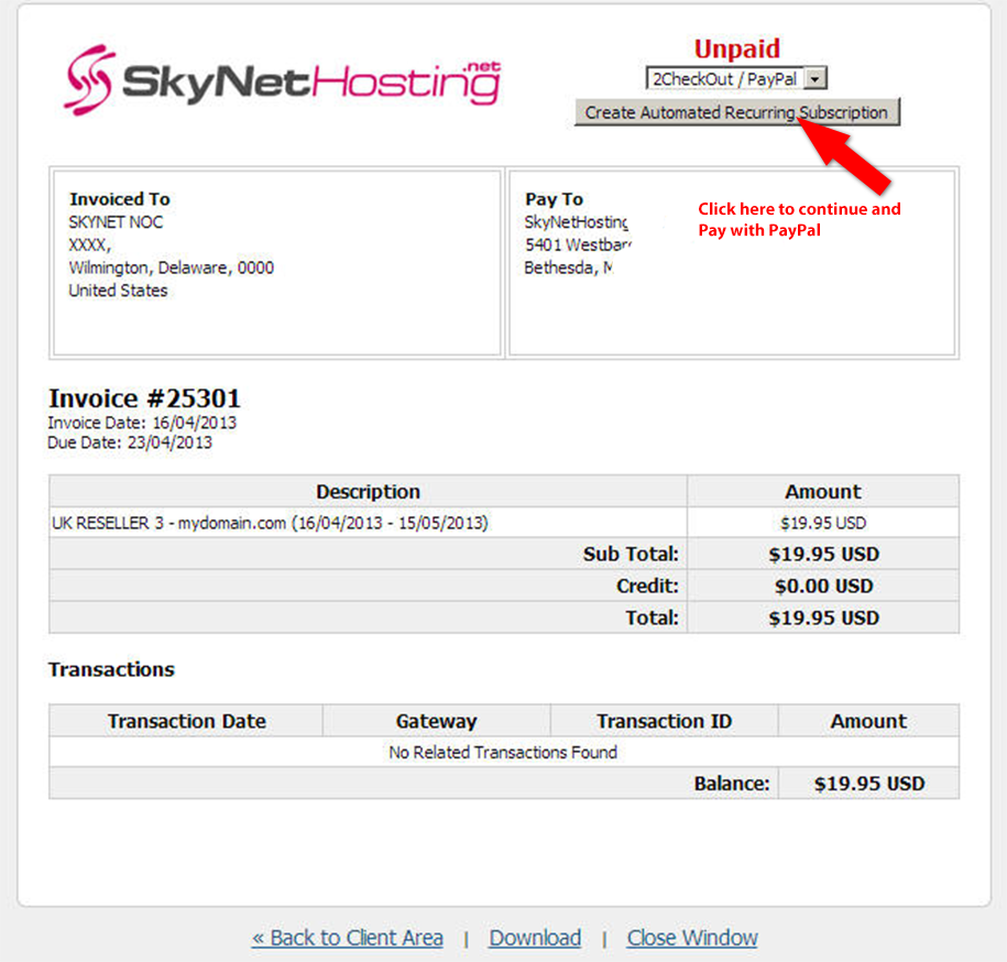 skynethosting invoice interface