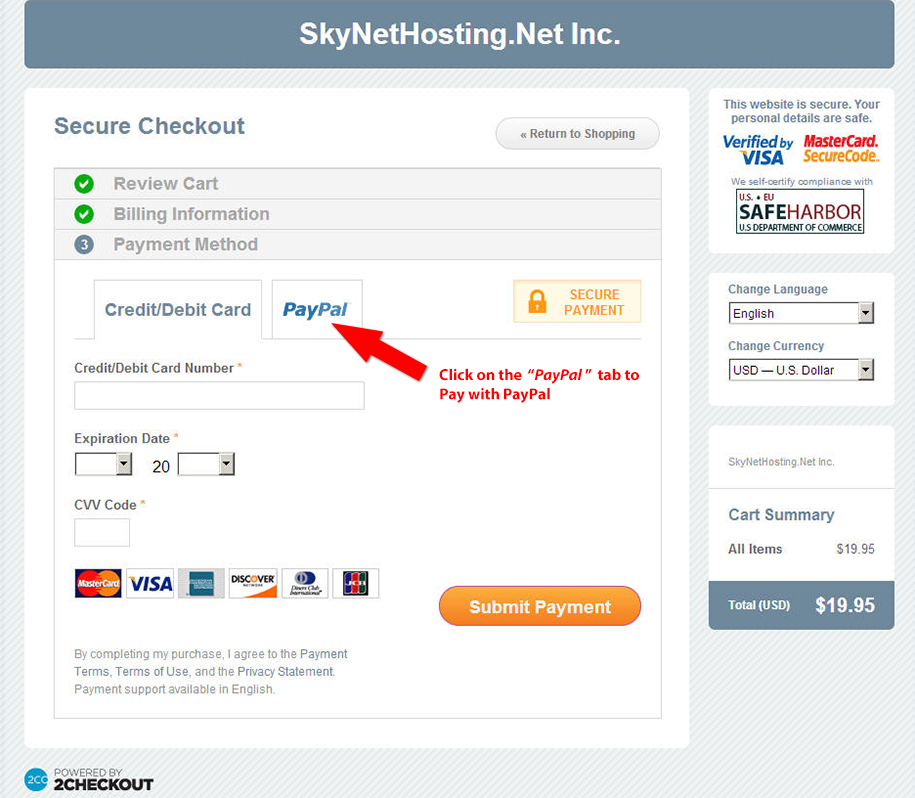 skynethosting purchase interface select PayPal tab